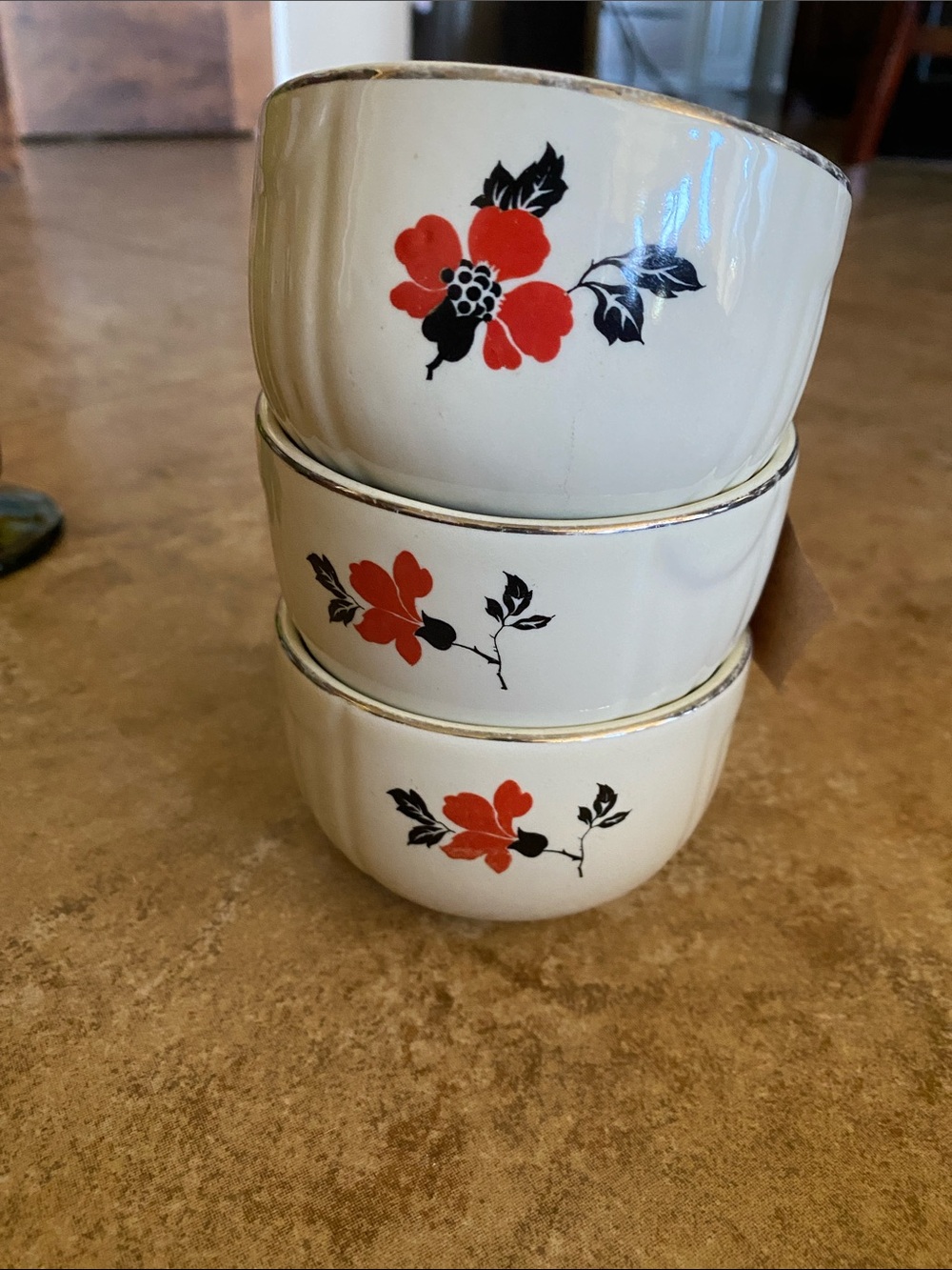 Cream Ceramic Bowl Set with Red Floral Accents
